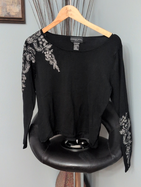 august silk Tops - august silk Black Sweater with Silver Floral Embroidery & Rhinestones 75% Silk